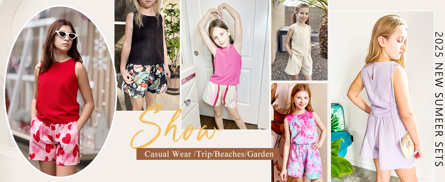 Girls 2 Piece Outfits Summer Clothes Sleeve less Shirts Top and High Waist Paper Bag Shorts Set