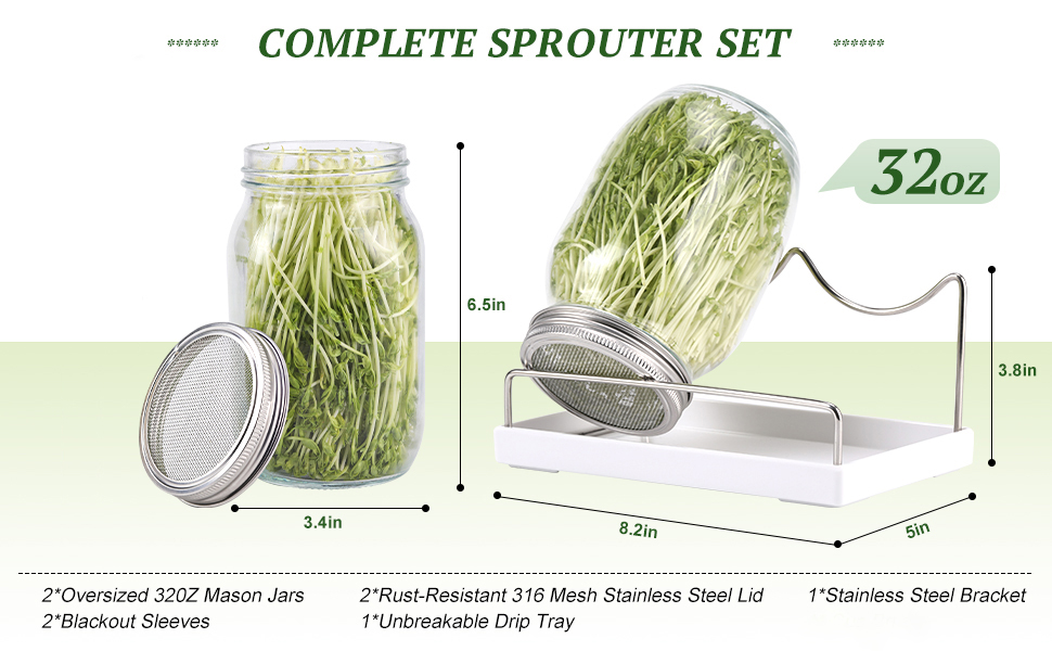 Complete Mason Jar Sprouting Kit. 2 Wide Mouth Quart Sprouting Jars