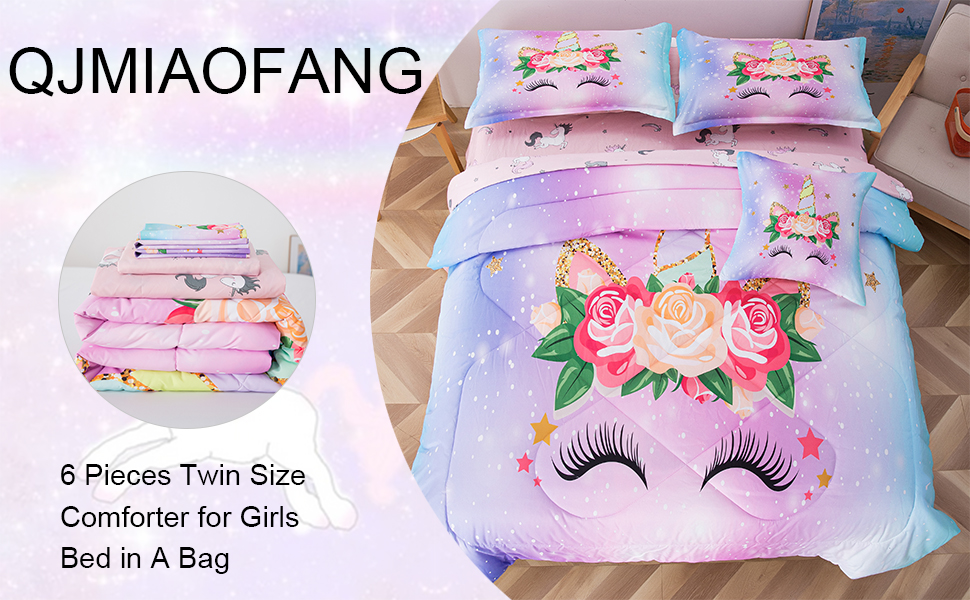 qjmiaofang Unicorn Comforter Set Twin Size for Girls Kids 6 Pieces Pink