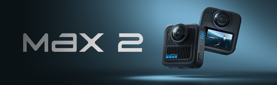 El texto dice «MAX 2». Cámara de acción de aspecto profesional que se muestra en varios ángulos sobre un fondo azul oscuro degradado, con un elegante diseño negro y pantalla digital.
