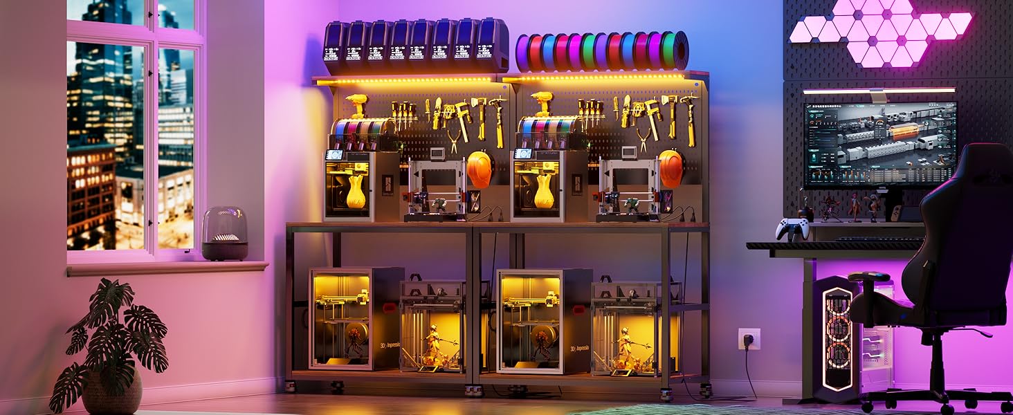 PAKASEPT 3D Printer Stand with Filament Storage Workbench,3D Printer Table with Charging Station & LED Lights,Heavy Duty Rolling Printer Desk with Pegboard for Workshop/Office/Garage, Black 20 3d printer desk