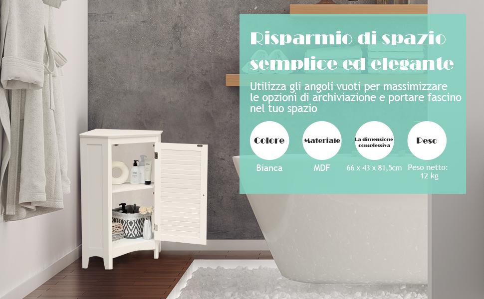 COSTWAY Armadietto Angolare In Legno A 3 Ripiani, Per Bagno Cucina E Salotto, Bianco 63,5 X 44,5 X 81 Cm 13 1