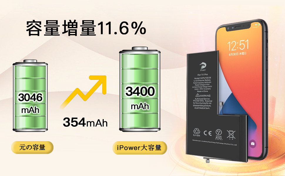Amazon | For iPhone 11Pro バッテリー 互換 大容量 3400mAh