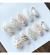 IMRAIN Summer Press on Nails - Medium Almond Fake Nails - 3D Starfish, Shell, Golden Flower - Han...