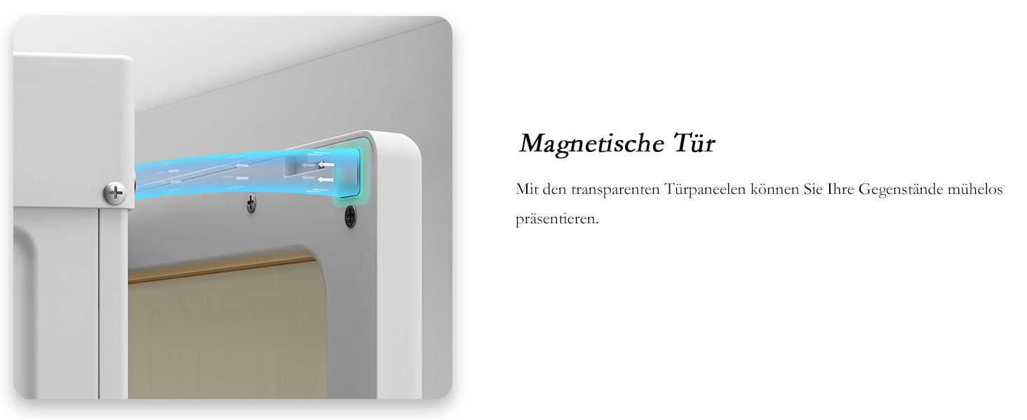 Der Text lautet „Magnetische Tür“. Nahaufnahme eines magnetischen Türschließmechanismus, der an einem grauen Türrahmen montiert ist