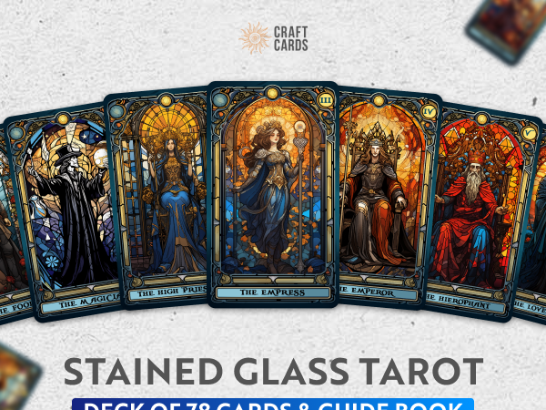Stained glass-themed tarot cards featuring intricate designs of The Empress, The Magician, and more
