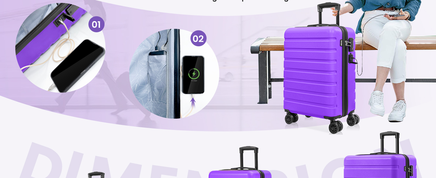 AnyZip Suitcase Hardside PC ABS Lightweight USB Luggage