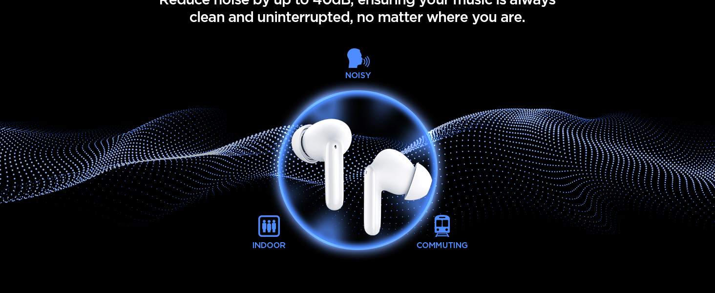 Le texte indique « Masquer et ne plus être suivi ». Je suis vraiment désolée que tu sois partie. » Image marketing montrant des écouteurs sans fil avec des accents bleus brillants sur un fond sombre avec un motif ondulé fluide.