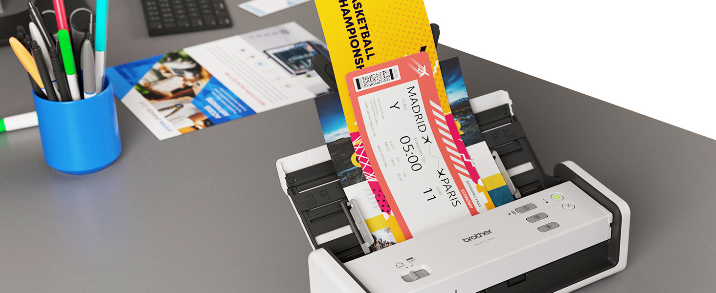 Brother ADS1300 Compact Scanner with travel documents of different sizes in auto document feeder