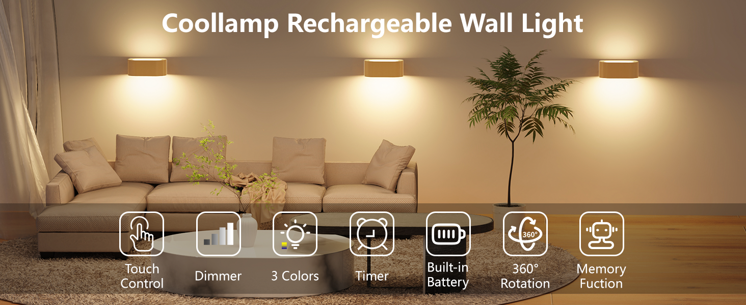 Three rectangular wall lights illuminate a living room with a beige couch. Product features include touch control, dimmer, color options, timer, built-in battery, rotation, and memory function.
