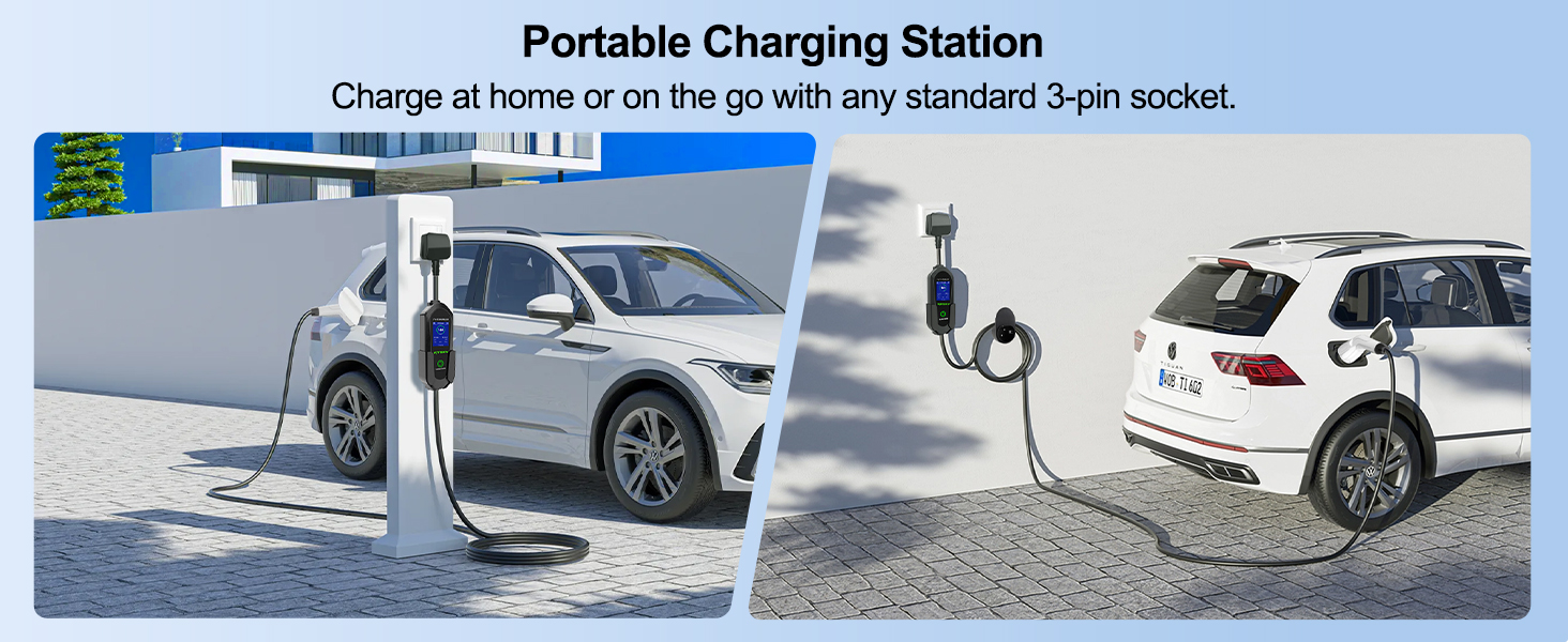 Portable charging station for electric vehicles. Split image shows two cars plugged into charging units, one at home and one on the go, demonstrating versatility with standard 3-pin socket compatibility.