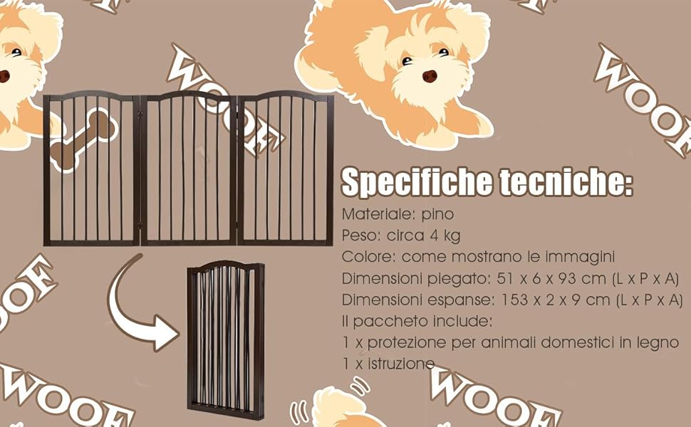 COSTWAY Cancelletto Per Cani Pieghevole E Girevole, In Legno Massello Con 3 Ante, Ideale Per Scale, Soggiorno E Cucina, (153 X 93 X 2 Cm) 17 1