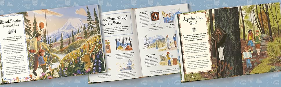 three spreads from the book showing illustrations of the National Park and the Appalachian Trail