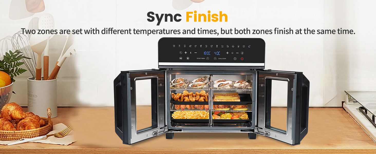 Large capacity countertop oven with dual doors open, displaying multiple racks for cooking different foods simultaneously. Digital control panel visible on top.