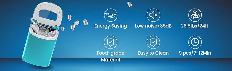 RELAX4LIFE Macchina Per Ghiaccio, Macchina Del Ghiaccio Cubetti, Fabbricatore Ghiaccio Domestico Silenzioso Ed Efficiente, Con Cestello E Paletta Per Ghiaccio, 24,2x35,8x32,8 Cm (Verde) 14 02