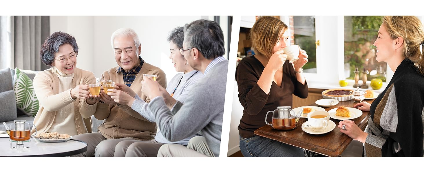Series of images showing groups of people socializing and dining together in various indoor settings.