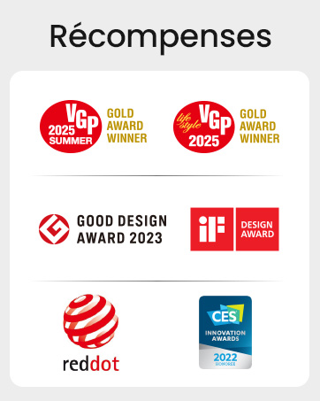Le texte indique « Récompenses ». Collection de prix de design, dont les prix Red Dot, IF Design, CES et Good Design avec des indicateurs pour les années « 2022 » et « 2023 ».