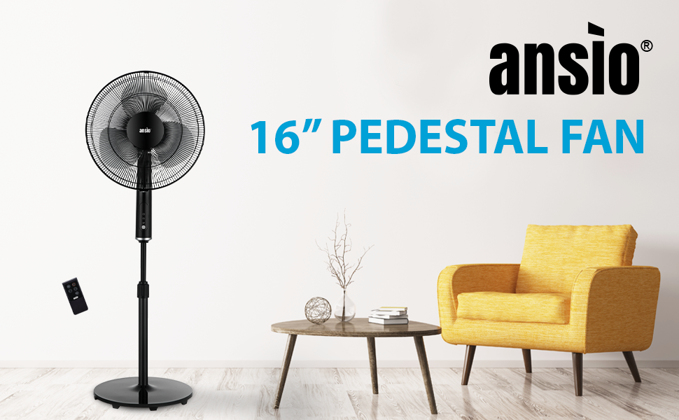 ANSIO Pedestal Fan with Remote Control 3 Blades 3 Speed Level Stand