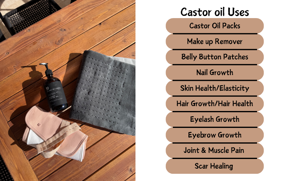 Castor oil benefits for makeup remover, belly button patches, joint, muscle pain relief, and scars