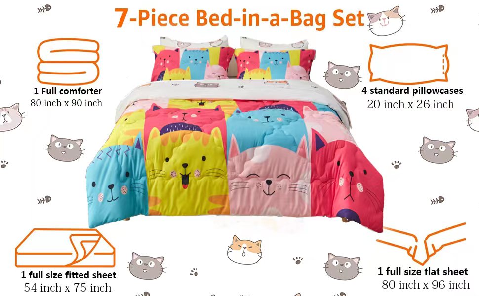 Wajade Kids Cute Cats Comforter Set Bed in A Bag Full Size 7 Piece Colorful Cartoon