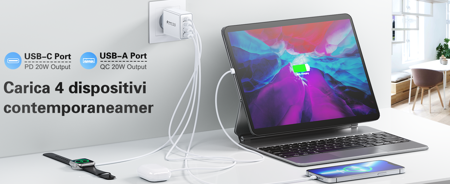 Il testo recita 'Carica 4 dispositivi contemporaneamente'. Il display dell'hub di ricarica USB con laptop e diverse porte di ricarica viene visualizzato in un ambiente di ufficio pulito.
