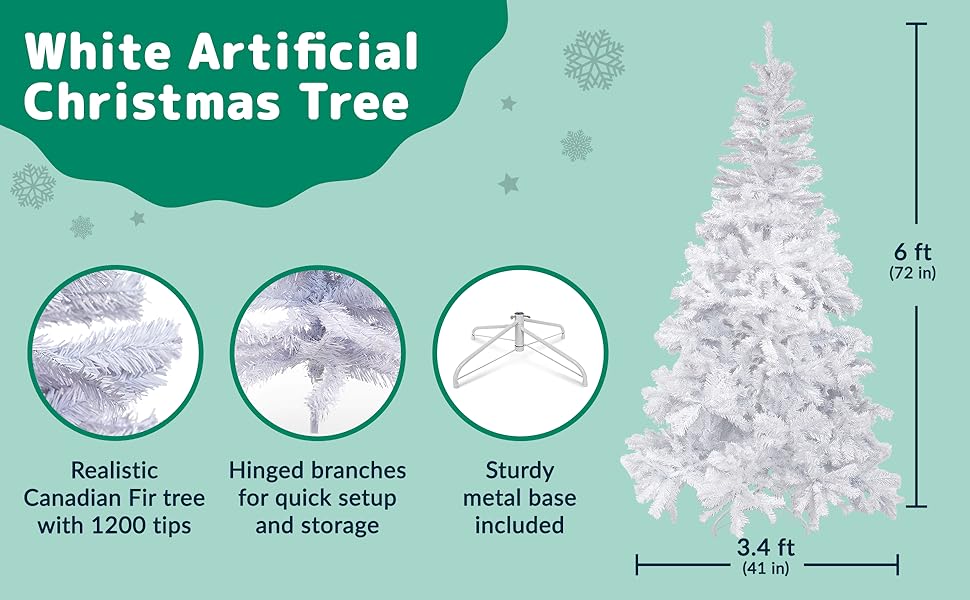 Prextex 6 Feet White Christmas Tree - 1200 Tips, Premium Hinged Artificial Spruce Snowy Solid White