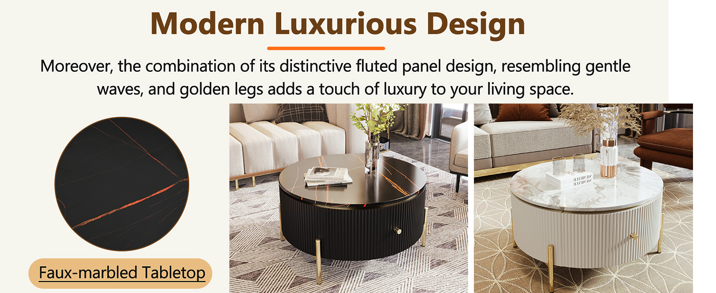 Black Round Coffee Table with Storage Drawers Gold Leg Faux