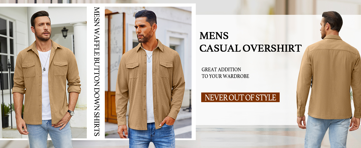 mens waffle shirt jacket lightweight long sleeve button up shirt