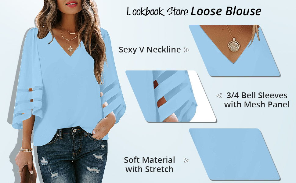 LookbookStore 3/4 Bell Sleeve Mesh Panel Lace Patchwork School Blouse Work Office Shirt Top