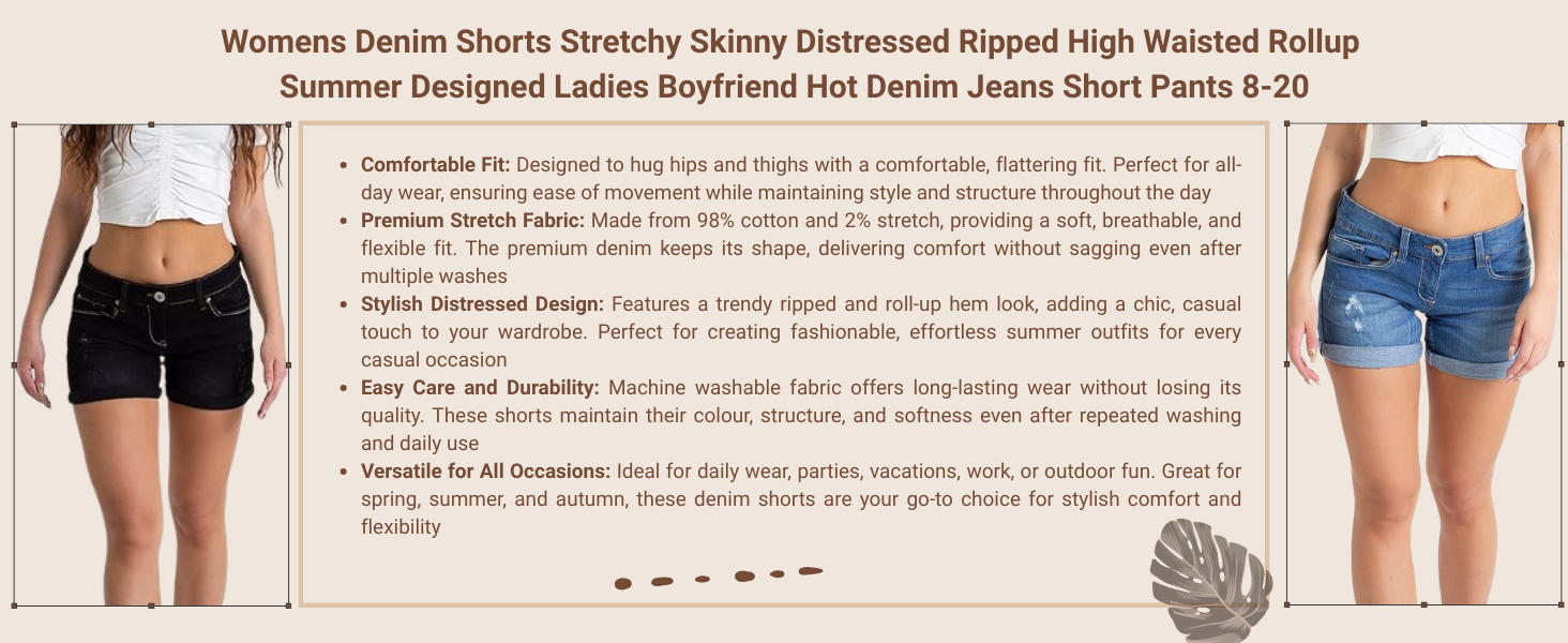 Light blue denim shorts with distressed, ripped design. High-waisted fit with rolled-up hem. Front view shows pockets and button closure. Stretchy skinny style for women.