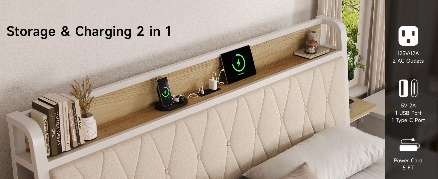 ONBRILL King Size Bed Frame with Side Storage Shelf