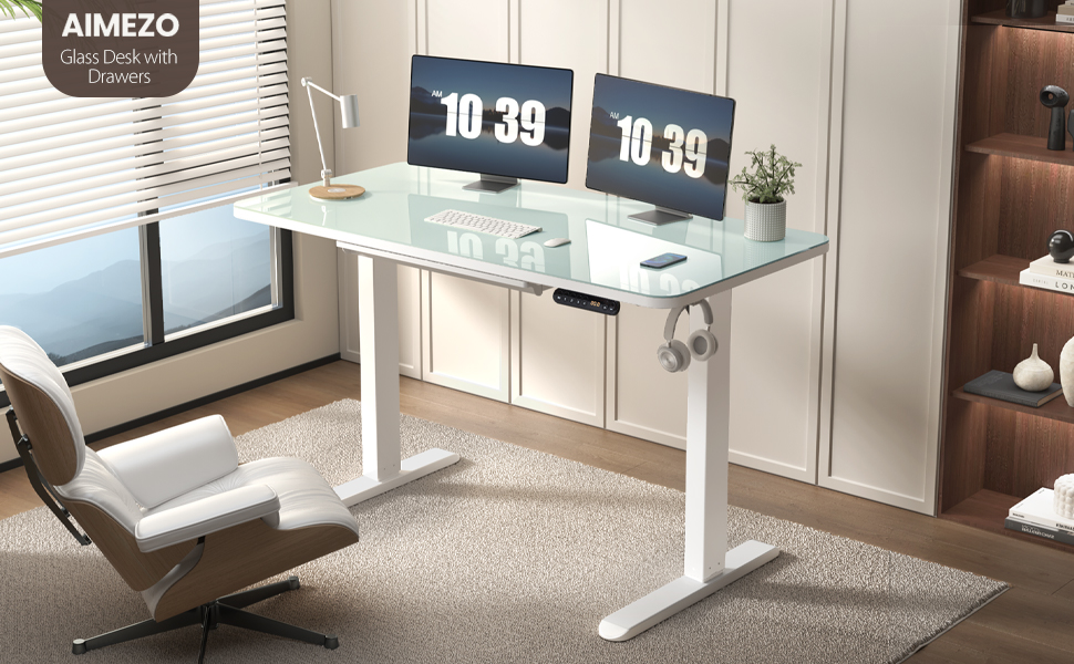 glass standing desk with drawer