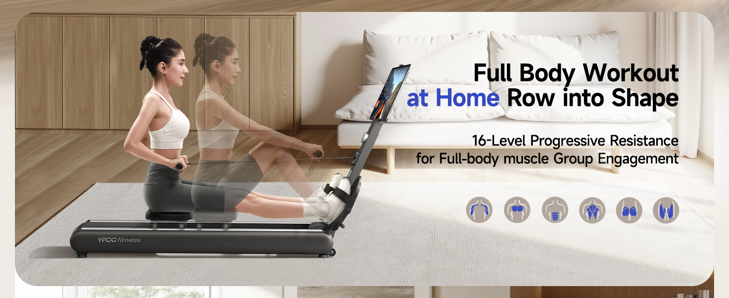 Foldable rowing machine with digital display. Woman demonstrating use on carpeted floor. Text highlights full-body workout and 16-level resistance. Icons show muscle groups targeted.