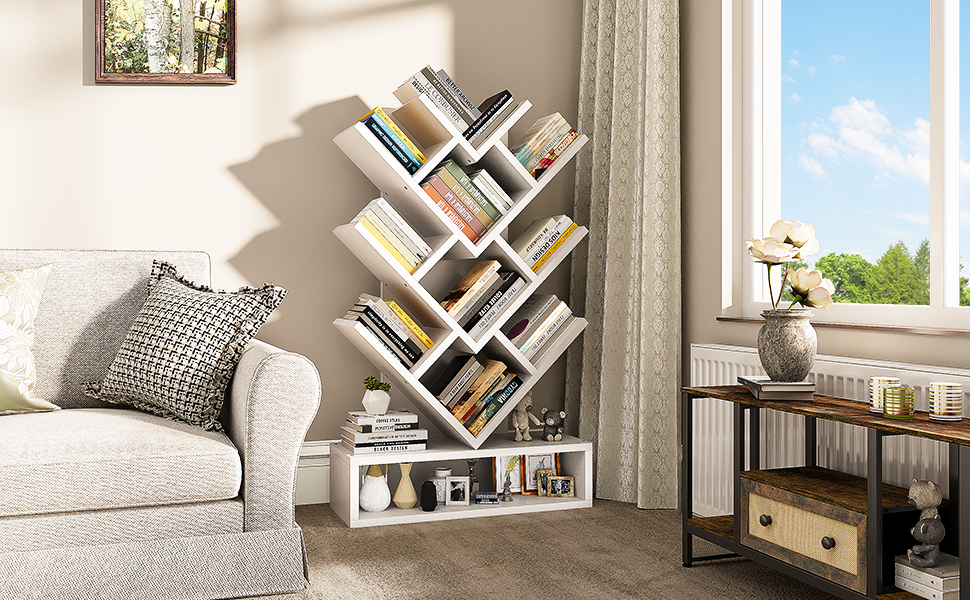 YITAHOME Tree Bookshelf, Floor Standing Bookcase with Wooden Drawer Industrial Shelving Units