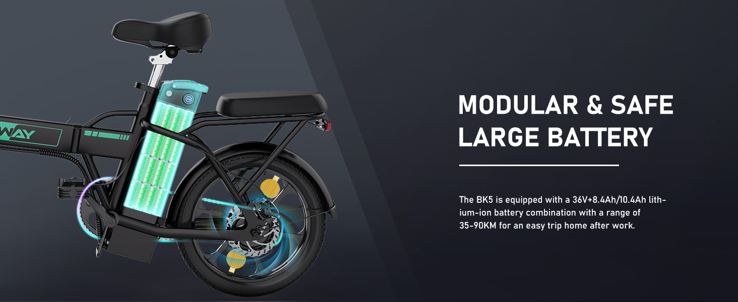 Close-up of electric scooter battery compartment. Text highlights 'Modular & Safe Large Battery'. Green battery visible within black frame of scooter.