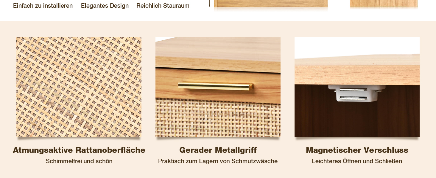Dreiteiliges Bild mit Möbeldetails: strukturierte Rattanoberfläche, goldener Schubladengriff aus Metall und Magnetverschluss an den Holzschranktüren