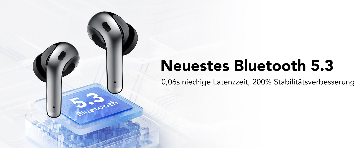 Schwarze kabellose Ohrhörer mit Ladeetui mit Bluetooth 5.3-Technologie, schwebend über einer blauen digitalen Schnittstellengrafik abgebildet