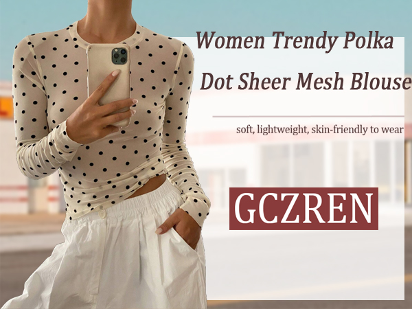 GCZREN Women Trendy Crew Neck Polka Dot Sheer Mesh Blouse