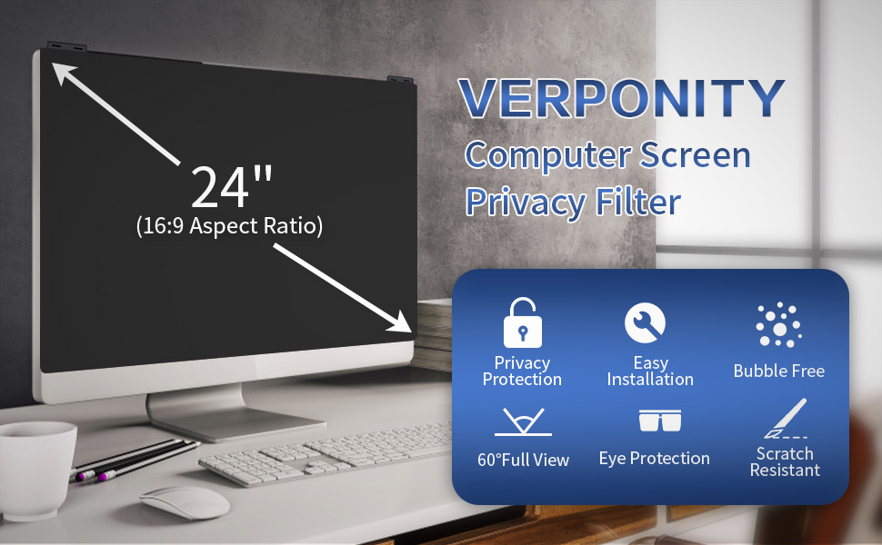 Verponity Computer Privacy Screen Filter 24 Inch, 9H