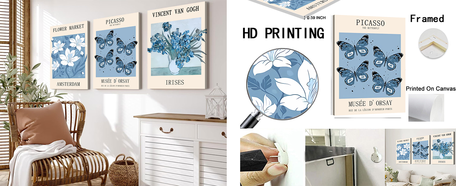 Vintage Picasso Blue Flower Wall Art Set of 3 Light Blue