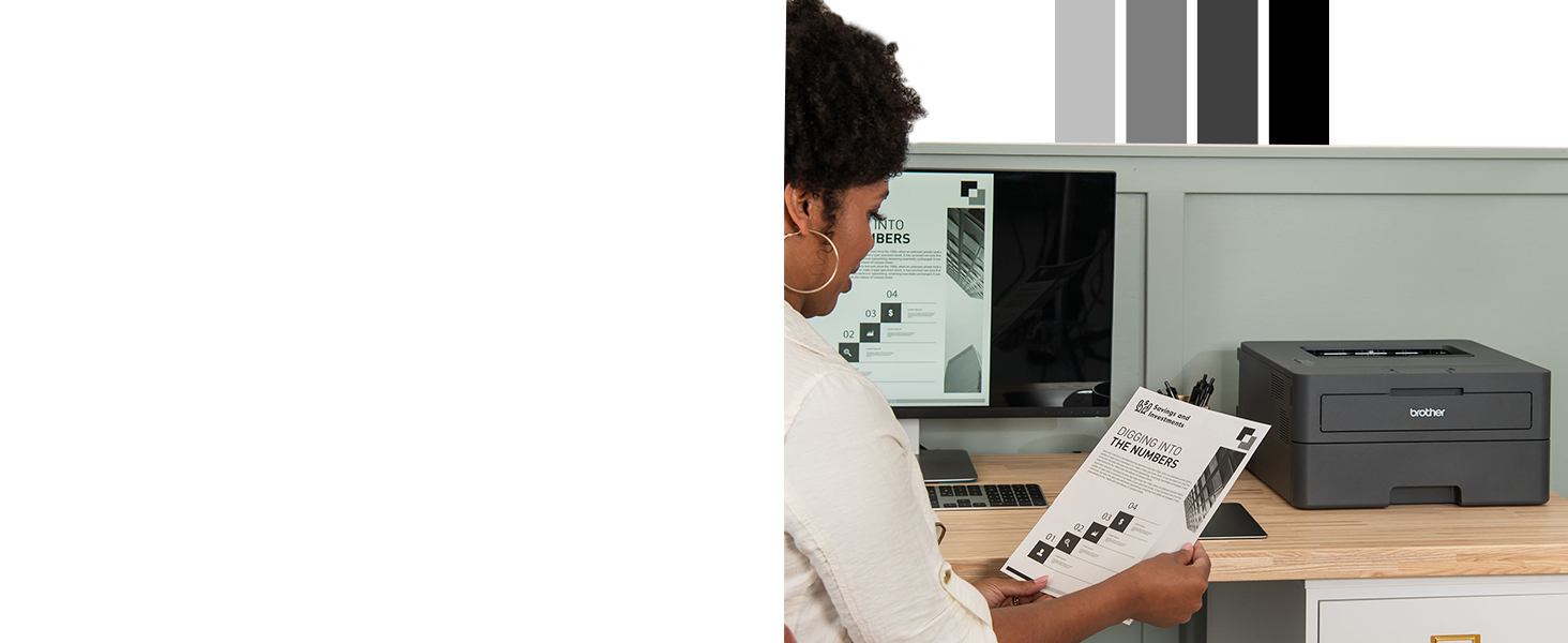 Person removing black and white document from Brother HL-L2400D mono laser printer's output tray