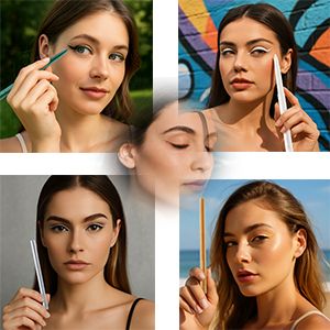 Collection of professional beauty portraits showcasing different makeup and hairstyling techniques against neutral backgrounds.