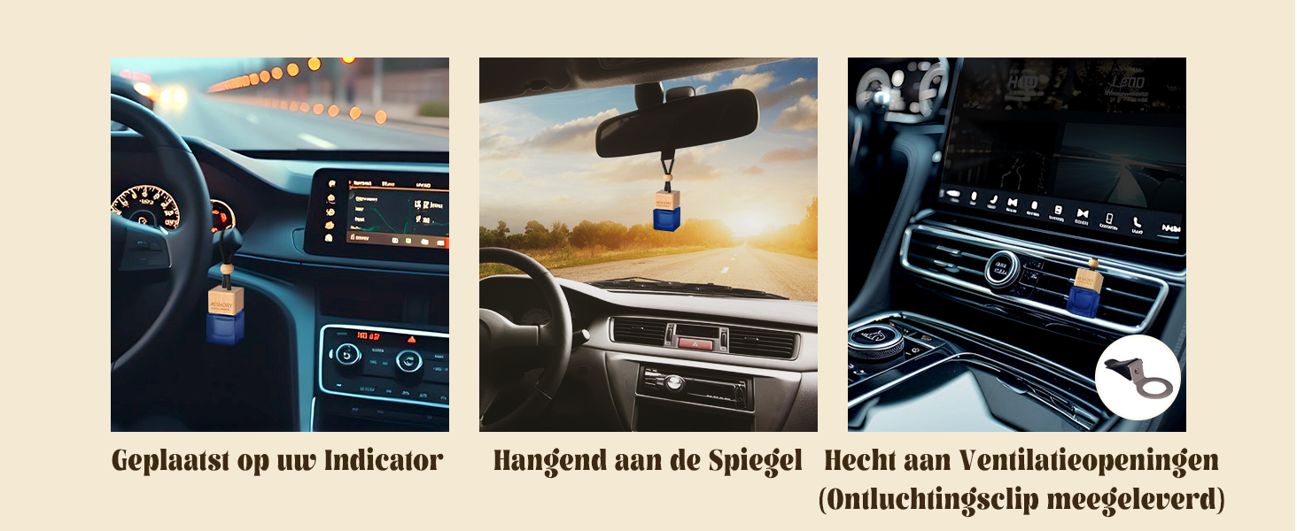 Composiet auto-interieur met snelheidsmeter, stuurwiel, dashboarddisplay, achteruitkijkspiegel met ophangaccessoire en klimaatregelingsinterface met digitale