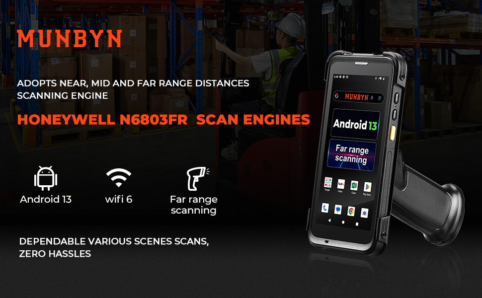 MUNBYN FarRange Distances Barcode Scanner, Android 13