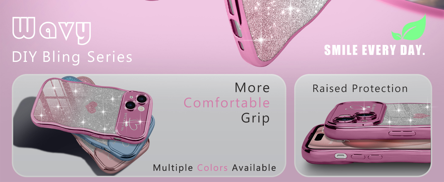 Sparkly phone case with raised edges for protection. Features comfortable grip, multiple color options. Pink and blue versions shown. Text reads 'DIY Bling Series' and 'Smile Every Day.'