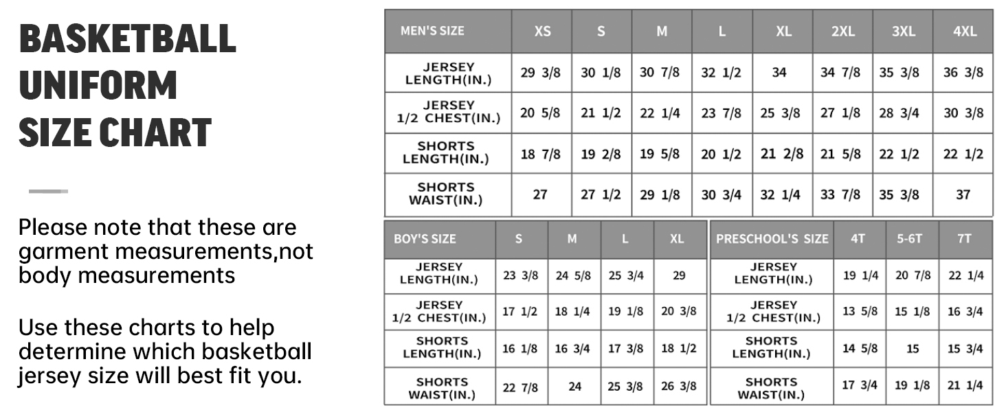 basketball uniform size chart