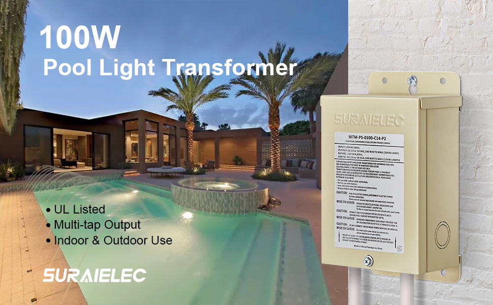 Suraielec 100W Pool Light Transformer, 120V to 12V 13V 14V AC Multi Tap Outputs, Low