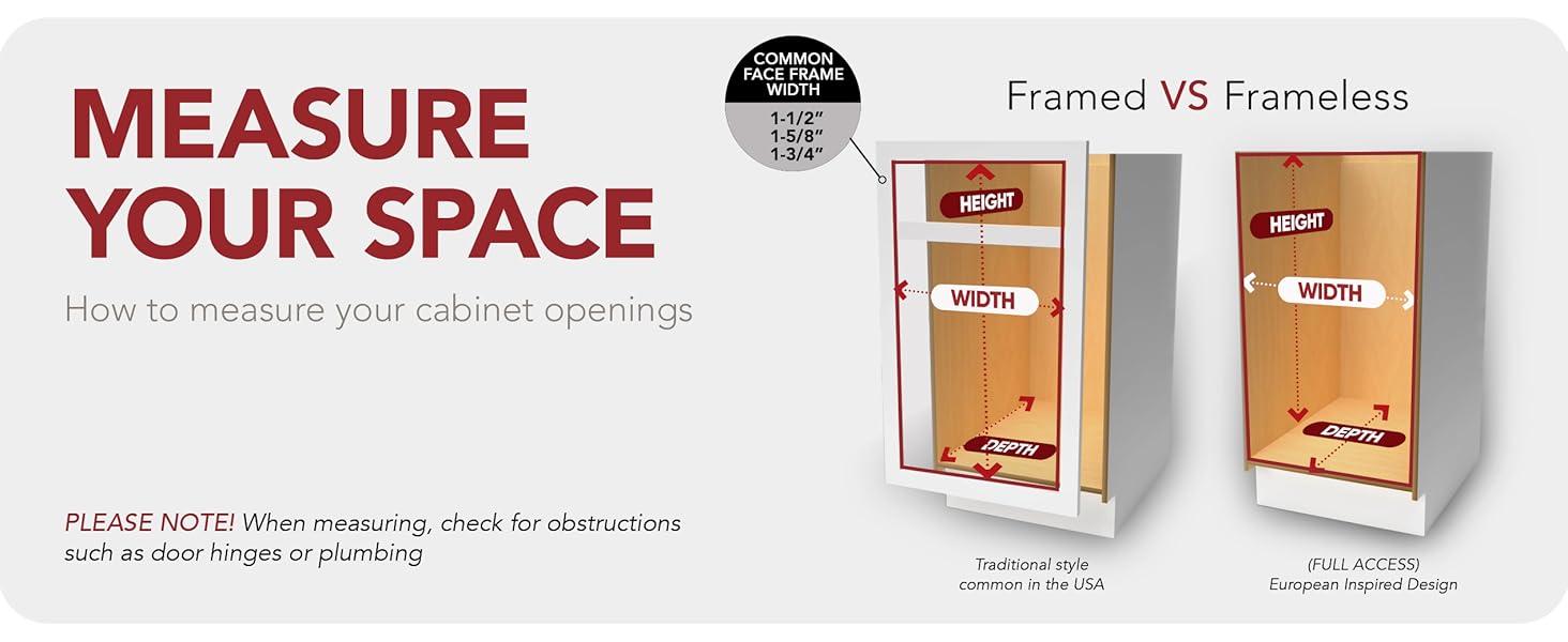 A detailed illustration of the Rev-A-Shelf trash cabinet openings. Text reads: Measure Your Space.