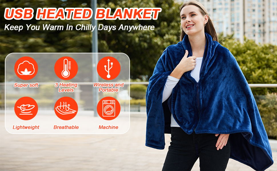 Keltne USB Heated Blanket,Cordless Electric Blanket Throw 3 Heatina Levels, Portable