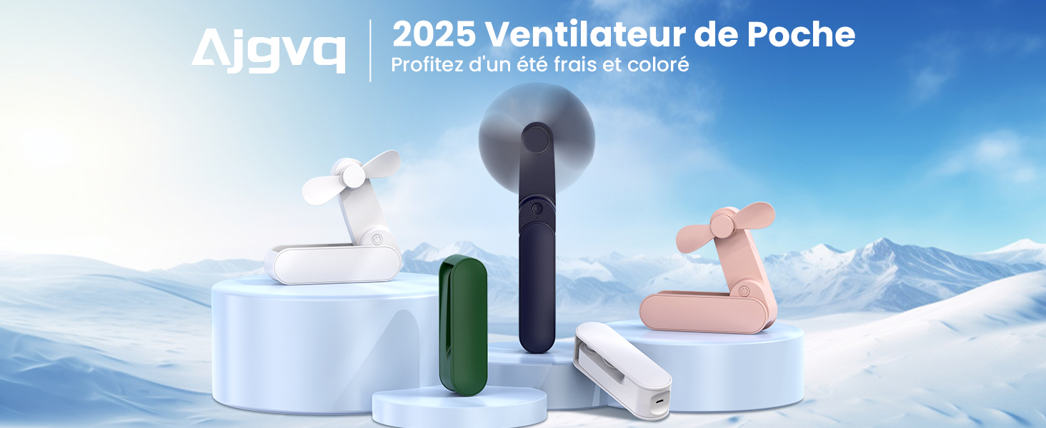 Présentoir de produit minimaliste montrant des ventilateurs portables dans des couleurs vert et blanc sur fond de paysage hivernal avec le texte « Ventilateur de Poche 2025 ».